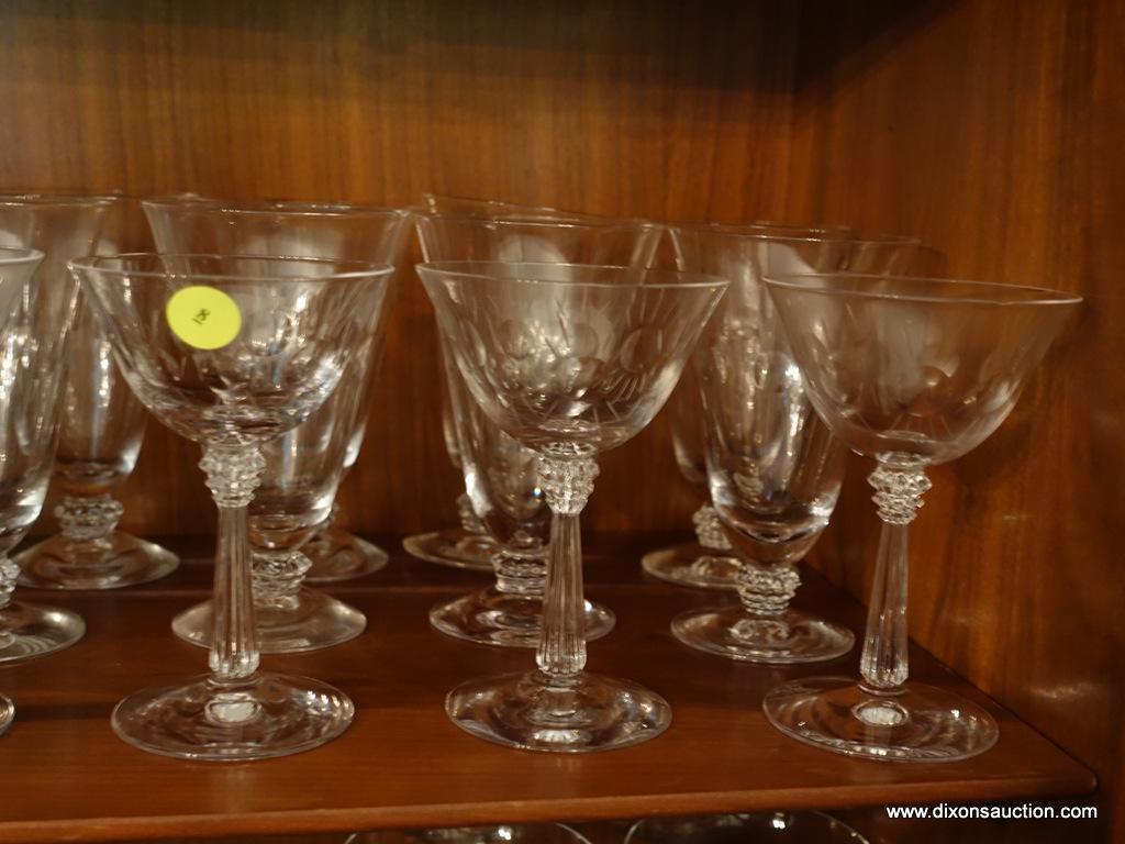 (DR-CHINA CAB) SHELF LOT OF 24 PCS. ETCHED GLASS CRYSTAL-12 TEA/WATER GLASSES AND 12 RED WINE