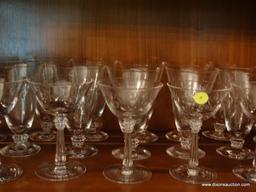 (DR-CHINA CAB) SHELF LOT OF 24 PCS. ETCHED GLASS CRYSTAL-12 TEA/WATER GLASSES AND 12 RED WINE