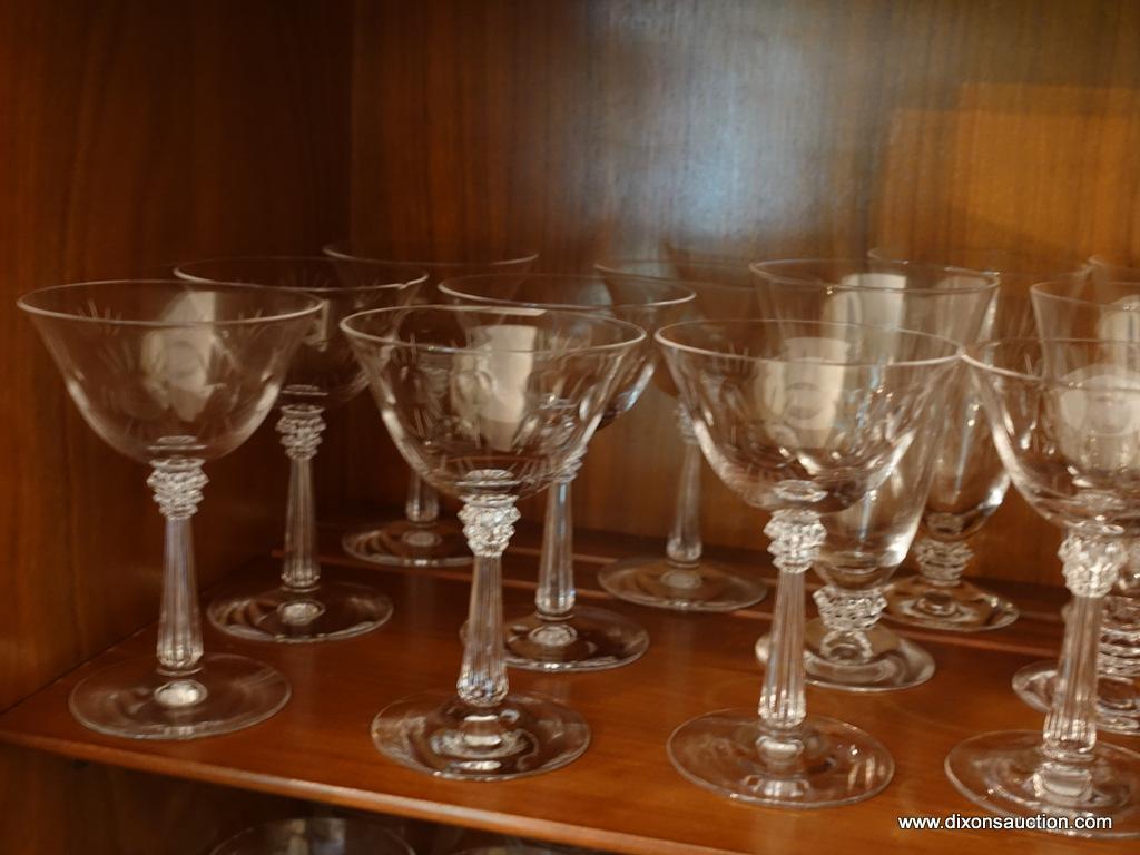 (DR-CHINA CAB) SHELF LOT OF 24 PCS. ETCHED GLASS CRYSTAL-12 TEA/WATER GLASSES AND 12 RED WINE