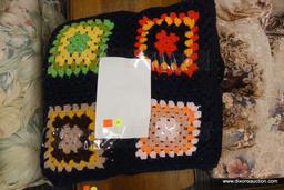 HAND KNITTED AFGHAN, BLACK WITH MULTICOLORED BLOCKS