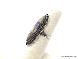 LADIES STERLING SILVER VINTAGE ABALONE GEMSTONE RING