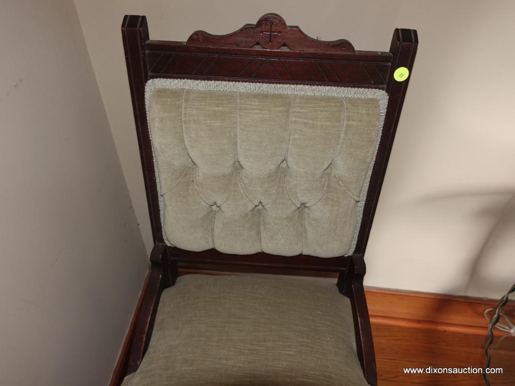 (LR) ANTIQUE VICTORIAN WALNUT SIDE CHAIR IN MINT GREEN VELVET WITH BUTTON TUFTED BACK- ORIGINAL