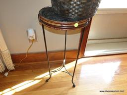 (LR) METAL AND WICKER PANT STAND AND INCLUDES ARTIFICIAL PLANT IN WICKER BASKET- STAND-12"DIA. X