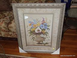 (LR) BRAND NEW FRAMED AND MATTED FLORAL PRINT IN SILVER TONED CARVED FRAME- SIGNED VIVIAN