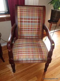 (LR)ONE OF A PAIR OF CHERRY FAIRFIELD ARM CHAIRS-EXCELLENT CONDITION-REEDED COLUMNED ARMS AND LEGS-