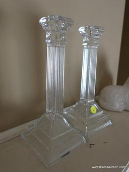 (LR) PR. 10" GLASS COLUMNED CANDLEHOLDERS