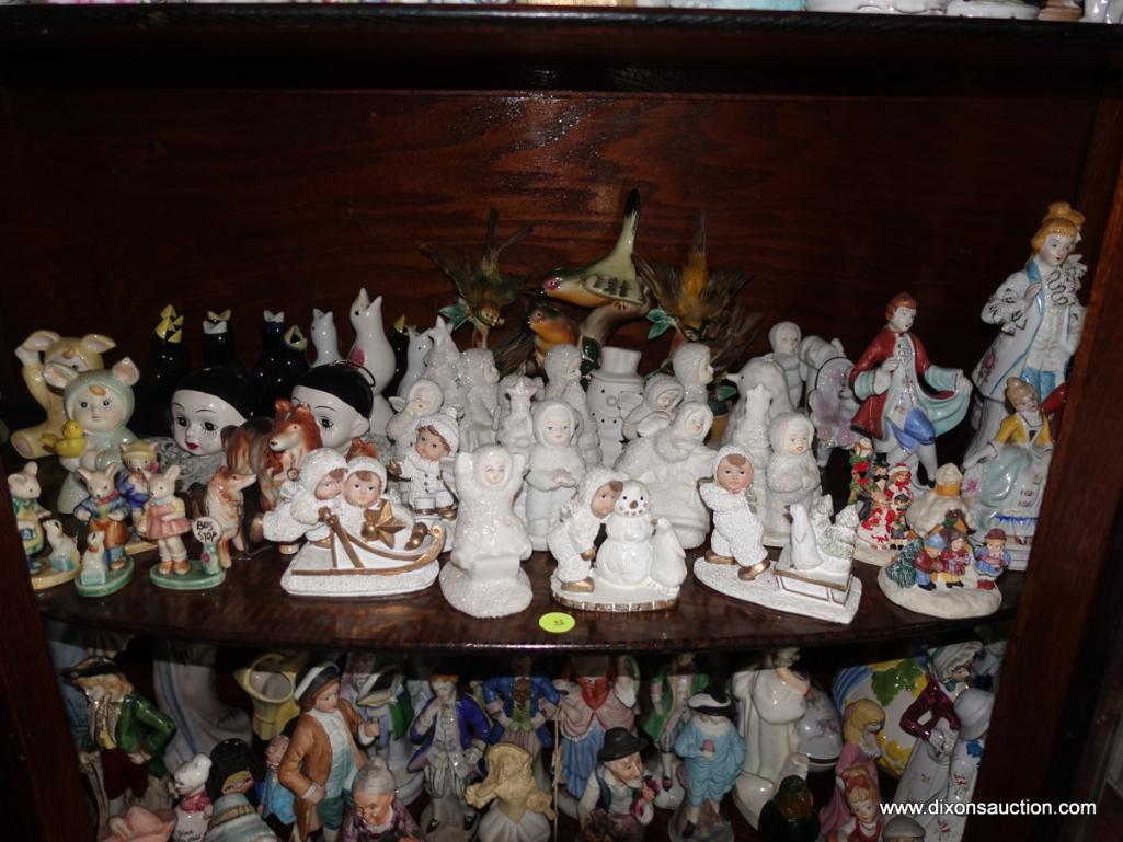 (LR) SHELF LOT OF FIGURINES- BIRDS, DOGS, SNOW BABY STYLE, ETC.- TALLEST 7"- SMALLEST-2"