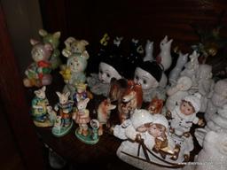 (LR) SHELF LOT OF FIGURINES- BIRDS, DOGS, SNOW BABY STYLE, ETC.- TALLEST 7"- SMALLEST-2"