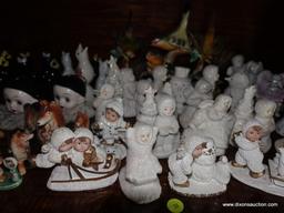 (LR) SHELF LOT OF FIGURINES- BIRDS, DOGS, SNOW BABY STYLE, ETC.- TALLEST 7"- SMALLEST-2"