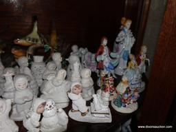 (LR) SHELF LOT OF FIGURINES- BIRDS, DOGS, SNOW BABY STYLE, ETC.- TALLEST 7"- SMALLEST-2"