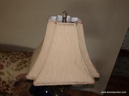 (LR) PR. OF BRONZE TONED COMPOSITION AND GLASS ACANTHUS PATTERNED LAMPS WITH CLOTH SHADES AND