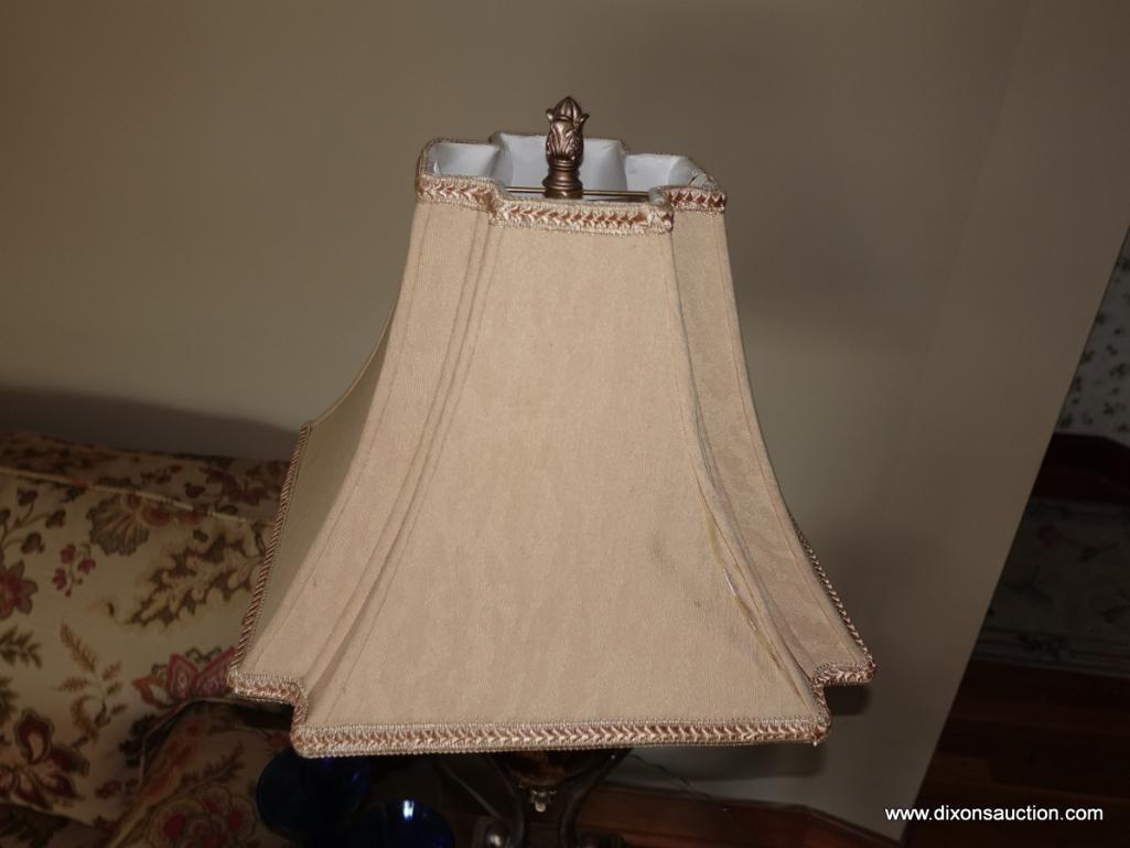 (LR) PR. OF BRONZE TONED COMPOSITION AND GLASS ACANTHUS PATTERNED LAMPS WITH CLOTH SHADES AND