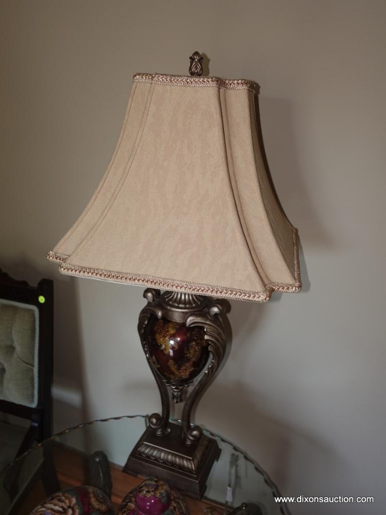 (LR) PR. OF BRONZE TONED COMPOSITION AND GLASS ACANTHUS PATTERNED LAMPS WITH CLOTH SHADES AND