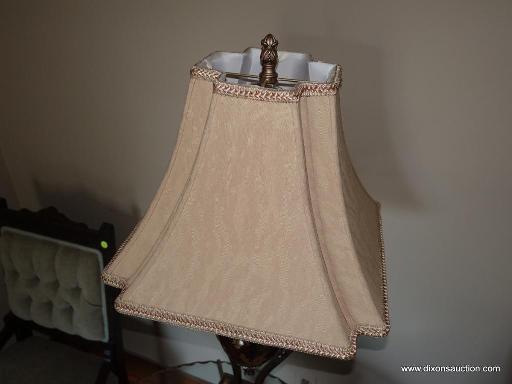 (LR) PR. OF BRONZE TONED COMPOSITION AND GLASS ACANTHUS PATTERNED LAMPS WITH CLOTH SHADES AND