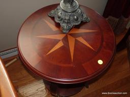 (LR) MODERN ROUND CHERRY BANDED AND INLAID LAMP TABLE WITH STARBURST PATTERN-LOWER SHELF- EXCELLENT