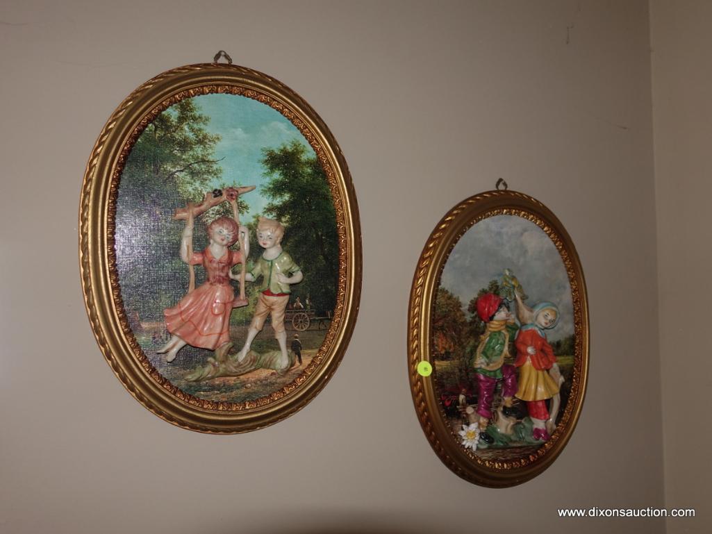 (LR) PR. OF OVAL COMPOSITION FRAMES WITH PORCELAIN FIGURINES- 12"W X 16"L