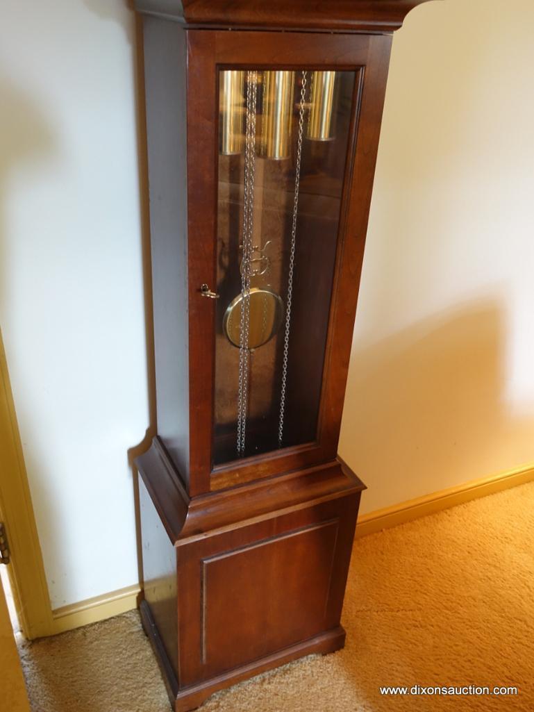 (LR )HOWARD MILLER CHERRY GRANDMOTHER CLOCK-PENDULUM AND WEIGHTS, BRASS DIAL, BROKEN ARCH PEDIMENT