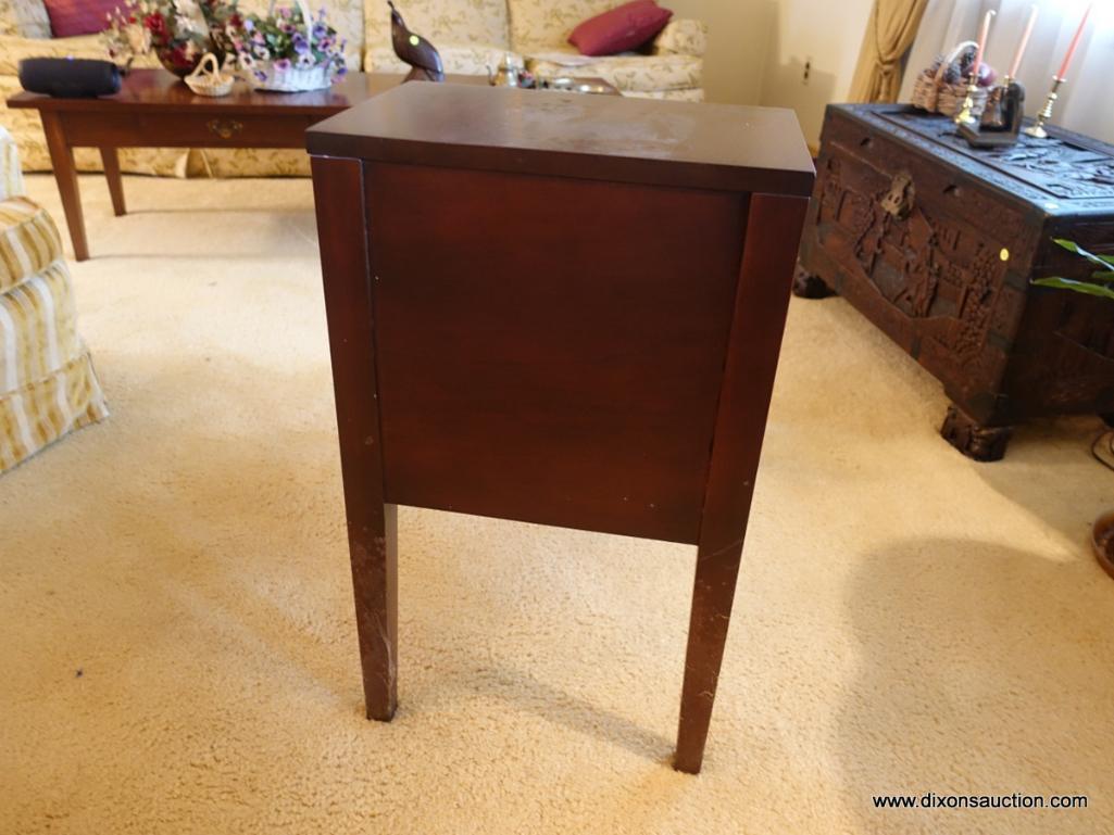 (LR) ONE OF A PR. SOLID MAHOGANY STEP END TABLES- 1 DRAWER DOVETAIL WITH MAPLE SECONDARY-EXCELLENT