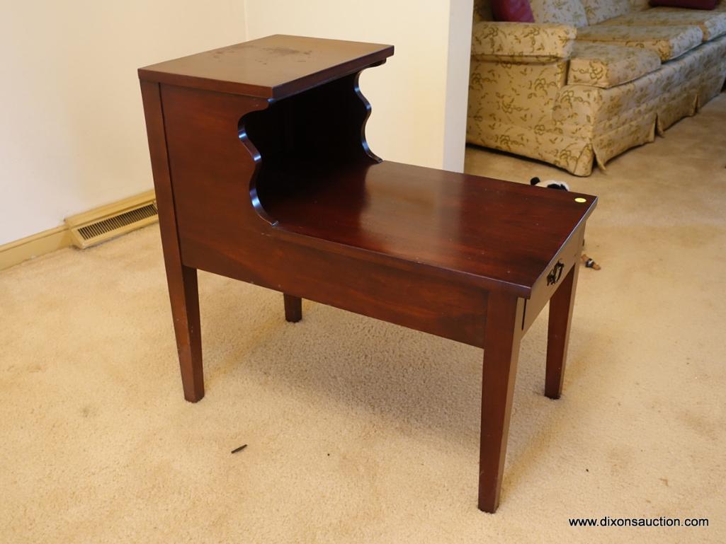 (LR) ONE OF A PR. SOLID MAHOGANY STEP END TABLES- 1 DRAWER DOVETAIL WITH MAPLE SECONDARY-EXCELLENT