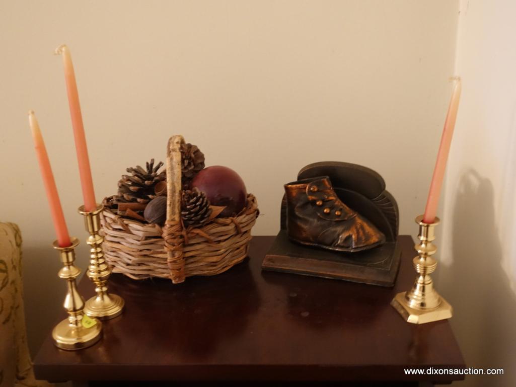 (LR) CONTENTS ON TOP OF END TABLE- 3 MINIATURE BRASS 5" CANDLEHOLDERS, BASKET WITH ARTIFICIAL FRUIT