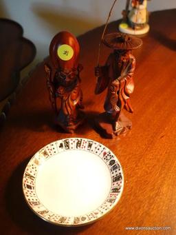 (LR) 2 WOOD CARVED ORIENTAL FIGURINES- PRIEST AND FISHERMAN- 6"H AND A QUEEN'S BONE CHINA SAUCER