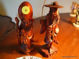 (LR) 2 WOOD CARVED ORIENTAL FIGURINES- PRIEST AND FISHERMAN- 6"H AND A QUEEN'S BONE CHINA SAUCER