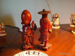 (LR) 2 WOOD CARVED ORIENTAL FIGURINES- PRIEST AND FISHERMAN- 6"H AND A QUEEN'S BONE CHINA SAUCER