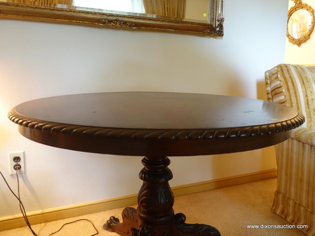 (LR) ANTIQUE MAHOGANY RENAISSANCE REVIVAL CLAW FOOT CENTER TABLE-ROPE EDGE TOP- CARVED PEDESTAL,