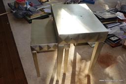 (MLR) CONTEMPORARY NESTING TABLES; PAIR OF GOLD FACTORY PAINTED NESTING TABLES WITH GEOMETRIC