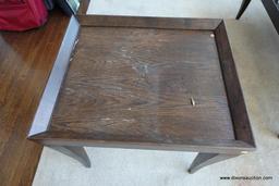 (MLR) END TABLE; MODERN CONTEMPORARY LOOK WITH DARK STAINED WOOD AND DRAMATIC LINES. MATCHES COFFEE