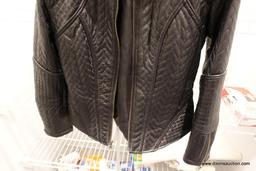 (CLO1) LEATHER JACKET; QUILTED BLACK LEATHER JACKET WITH DETACHABLE PLUSH FAUX FUR COLLAR. MADE BY