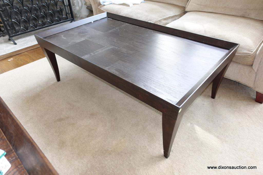 (MLR) COFFEE TABLE; MODERN CONTEMPORARY LOOK WITH DARK STAINED WOOD AND DRAMATIC LINES. MATCHES END