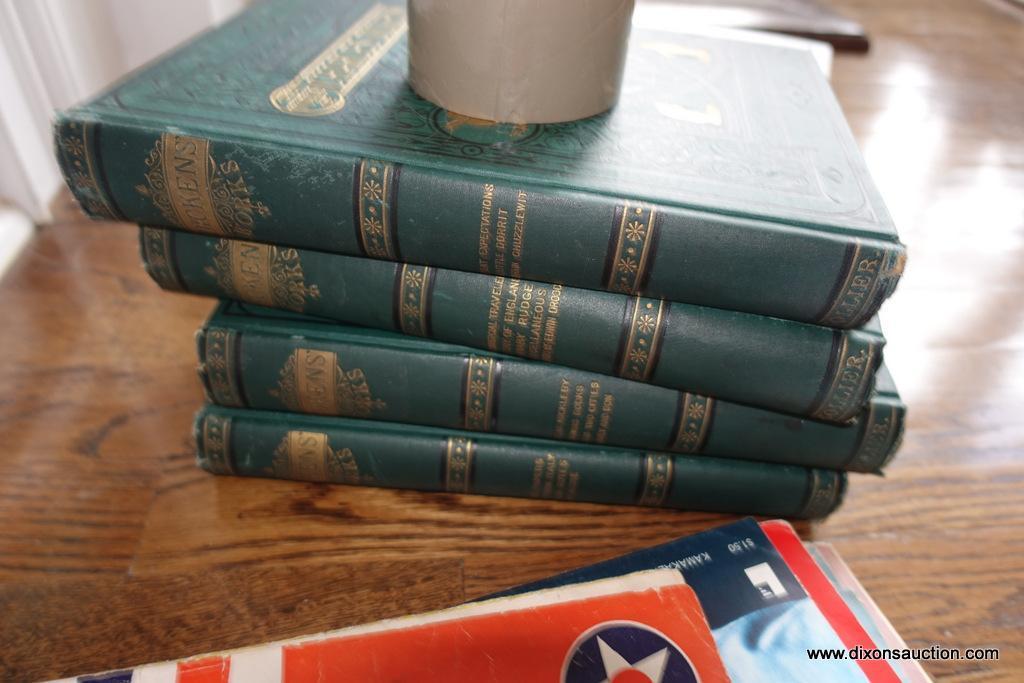 (MLR) "THE WORKS OF CHARLES DICKENS"; UNABRIDGED EDITION. TOTAL OF 4 HARDBACK COMPILATIONS, GREEN IN