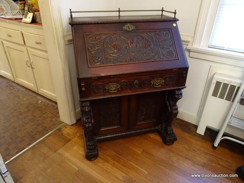 (DR) ANTIQUE 19TH C. MAHOGANY VICTORIAN HEAVILY CARVED SLANT FRONT DESK- OWNED BY CONFEDERATE GEN.