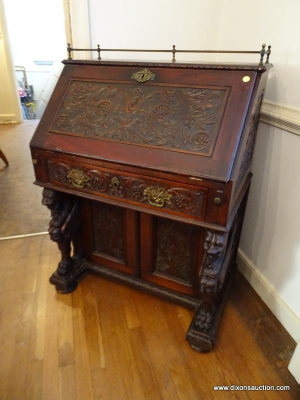 (DR) ANTIQUE 19TH C. MAHOGANY VICTORIAN HEAVILY CARVED SLANT FRONT DESK- OWNED BY CONFEDERATE GEN.