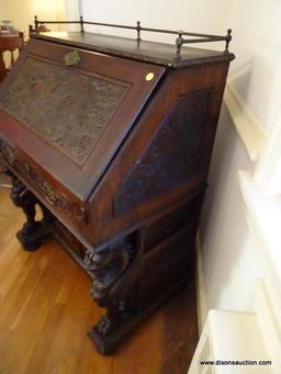 (DR) ANTIQUE 19TH C. MAHOGANY VICTORIAN HEAVILY CARVED SLANT FRONT DESK- OWNED BY CONFEDERATE GEN.