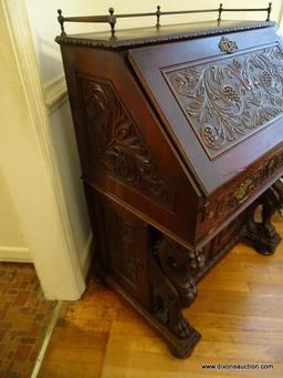(DR) ANTIQUE 19TH C. MAHOGANY VICTORIAN HEAVILY CARVED SLANT FRONT DESK- OWNED BY CONFEDERATE GEN.