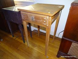 (LR) VINTAGE HANDMADE MIXED WOOD TABLE- CHERRY LEGS AND OAK TOP, SIDES AND FRONT- HAS BEEN STRIPPED