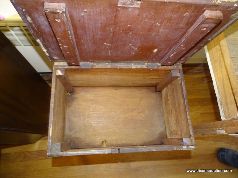 (LR) ANTIQUE PINE PAINTED LIFT TOP BOX ON LEGS- UNUSUAL, HAS A LOCK (NO KEY) AND 22 PAINTED ON THE