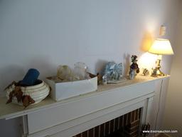 (LR) CONTENTS ON TOP OF MANTEL- CHRISTMAS FIGURINES- BRASS ADJUSTABLE ARM DESK LAMP- BOX OF ETCHED