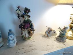 (LR) CONTENTS ON TOP OF MANTEL- CHRISTMAS FIGURINES- BRASS ADJUSTABLE ARM DESK LAMP- BOX OF ETCHED