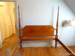 (BED 1) SUTER'S WALNUT QUEEN SIZE 4 POST BED- EXCELLENT CONDITION- WOODEN BOLTED RAILS 60.5"W X 85"L