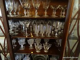 (DR) SHELF LOT OF MISC.. MATCHING STEMWARE- 6 GOBLETS, 5 ETCHED GLASS WHITE WINE GLASSES, 8