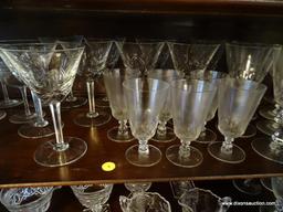 (DR) SHELF LOT OF MISC.. MATCHING STEMWARE- 6 GOBLETS, 5 ETCHED GLASS WHITE WINE GLASSES, 8