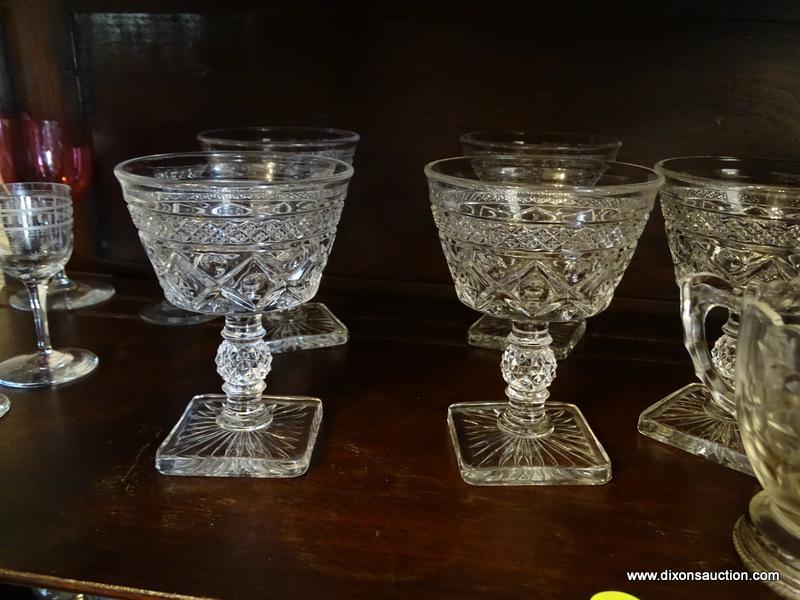 (DR) 2 SHELVES OF MISC.. GLASS- 6 ETCHED CORDIALS, 6 ETCHED WATER GLASSES, DEPRESSION ERA SHERBETS,
