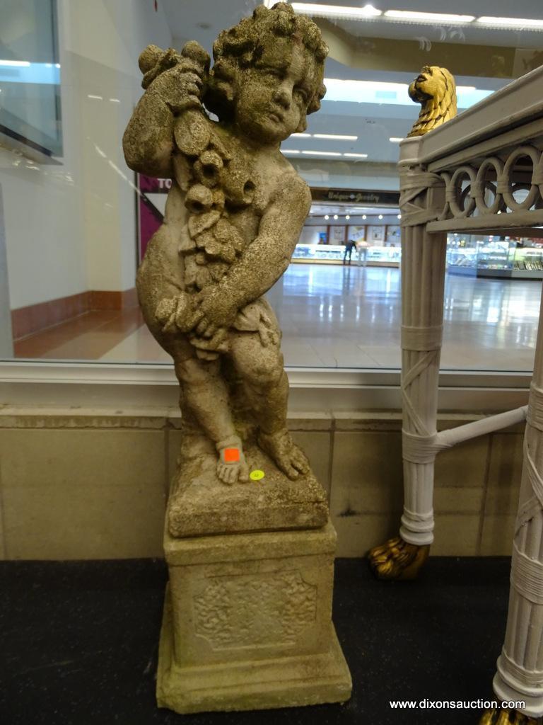 CONCRETE CHERUB STATUE; STANDING CHILD CHERUB HOLDING A VINE OF ROSES, PERCHED ATOP A SQUARE BASE.