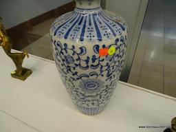 COBALT BLUE AND WHITE ORIENTAL STYLE TALL VASE; WHITE PORCELAIN WITH COBALT BLUE FLORAL AND ASIAN