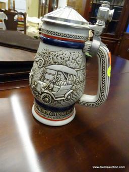 VINTAGE BEER STEIN; EARLY AUTOMOBILE THEMED. HANDCRAFTED BY CERAMARTE IN BRAZIL EXCLUSIVELY FOR