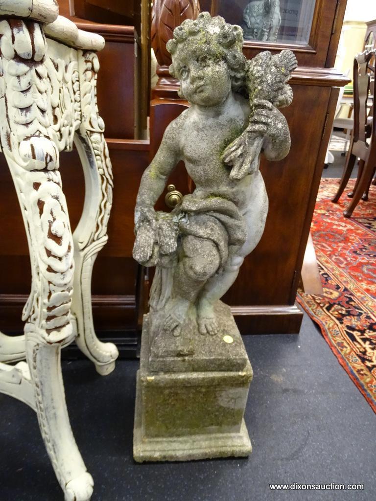 CONCRETE CHERUB STATUE; STANDING CHILD CHERUB CARRYING BUNDLES OF WHEAT OVER A SHOULDER AND IN HAND