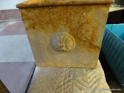 METAL CUBE PLANTER BOX; VERY THICK AND HEAVY, HAS MOLDED MEDALLION ON EACH OF THE 4 SIDES, CLOSED